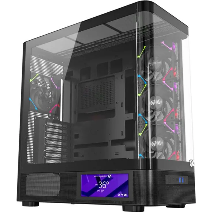 NoBrand XYZ QUANTUM PRO Midi Tower PC, Schwarz, ATX, micro ATX, mit gehärtetem Glas und 18 cm CPU Kühlerhöhe, Touchscreen-Display