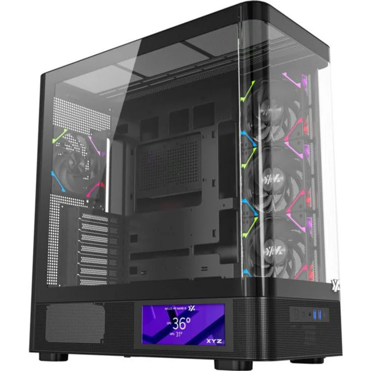 NoBrand XYZ QUANTUM PRO Midi Tower PC, Schwarz, ATX, micro ATX, mit gehärtetem Glas und 18 cm CPU Kühlerhöhe, Touchscreen-Display