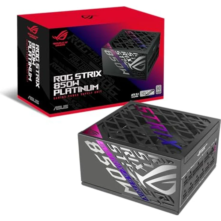 ASUS ROG Strix 850 W Platinum-Netzteil, 80 Plus Platinum, GAN MOSFET, GPU-First Intelligent Voltage Stabilizer, Schwarz – Bild 1