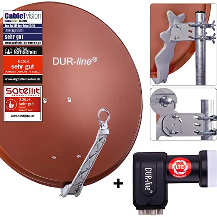 DUR-line 4 Teilnehmer Set - Qualitäts-Alu-Satelliten-Komplettanlage - Select 75cm/80cm Spiegel/Schüssel Rot + Quad LNB - für 4 Receiver/TV [Neuste Technik, DVB-S2, 4K, 3D] – Bild 2