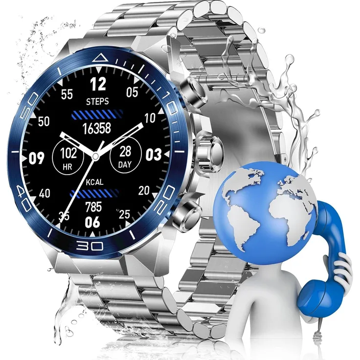 MiracDan Militär Smartwatch, Herren, mit Metallarmband, AMOLED Display, 100+ Sportmodi, Telefonfunktion, IP68 Wasserschutz