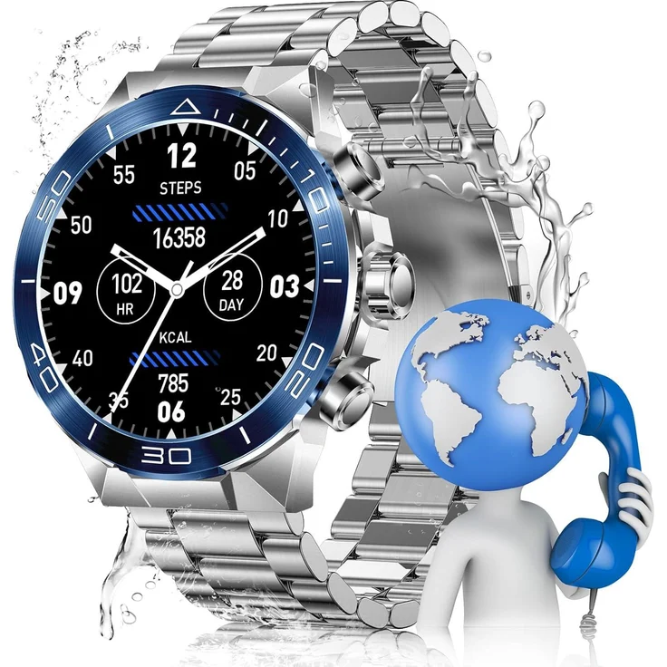 MiracDan Militär Smartwatch, Herren, mit Metallarmband, AMOLED Display, 100+ Sportmodi, Telefonfunktion, IP68 Wasserschutz