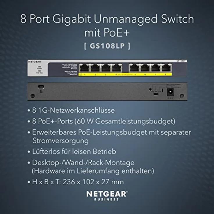 Netgear GS108LP 8-Port Gigabit Ethernet LAN PoE Switch Unmanaged (mit 8x PoE+ 60W erweiterbar, Desktop- oder Rack-Montage mit ProSAFE Lifetime-) – Bild 2
