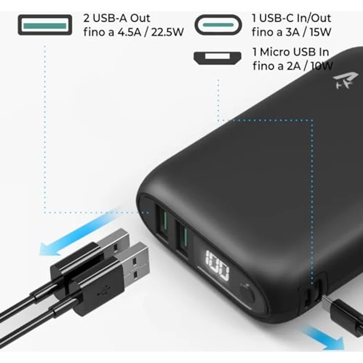 Vultech VPB-WP10BK Power Bank 10000 mAh, LCD-Display, USB-A, Type-C, Quick Charge 3.0, Schwarz – Bild 10