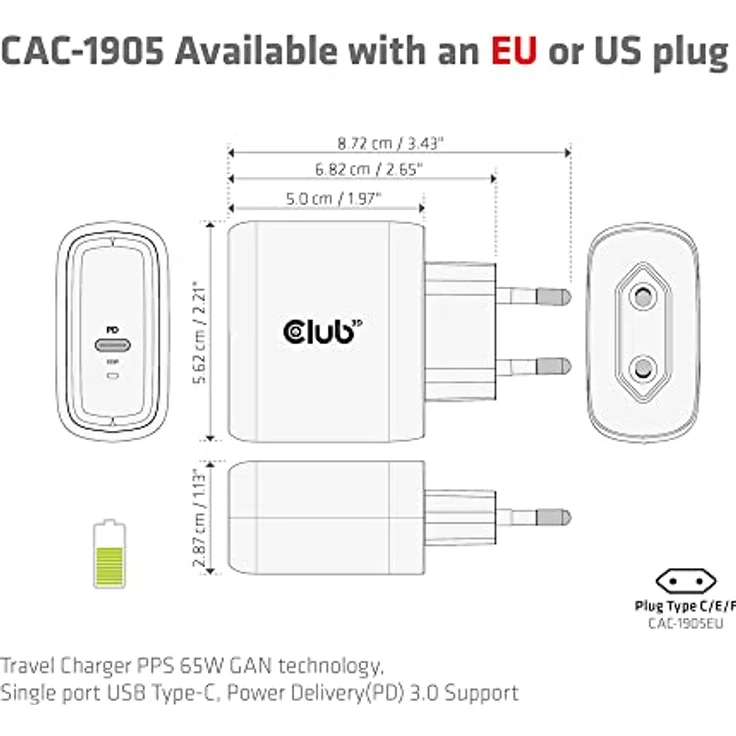 CLUB3D Travel Charger 65W GAN technology Single port USB Type-C Power Delivery(PD) 3.0 Support (CAC-1905EU) – Bild 4