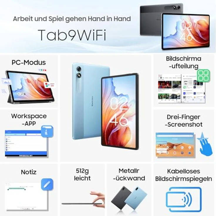 Blackview Tab9 WiFi Android 14 Tablet 11 Zoll FHD+ Großes Display, 18GB+256GB(2TB) Octa-Core T606 Widevine L1 Gaming Tablet 13MP+5MP, 8200mAh Akku mit 2.4G/5G WiFi, GMS, Face ID, Gehäuse, Schutzfolie, Blau – Bild 4
