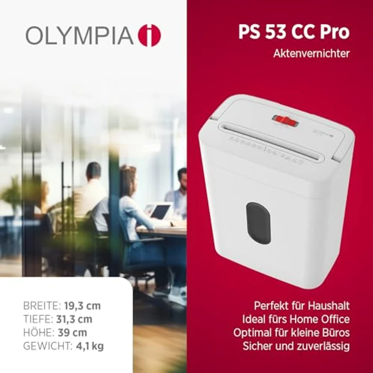 OLYMPIA PS 53 CC Pro Aktenvernichter, Partikelschnitt P-4 (4 x 38 mm), bis 6 Blatt, weiß, mit Rücklauffunktion und Start-/Stoppautomatik – Bild 2