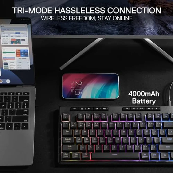 Redragon K516RGB-PRO SHIVA PRO 87, Ergonomische TKL-Tastatur mit dynamischer RGB-Beleuchtung, kabelgebunden und kabellos, Schwarz – Bild 3
