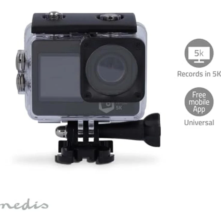 Nedis Action Cam - 5K@30fps - 16 MPixel - Wasserdicht bis: 30.00 m - 80 min - Wi-Fi - App erhältlich für: Android/IOS - Inkl. Halterung - Schwarz - Dual-Screen-Action-Cam mit HD-5K Auflösung – Bild 3