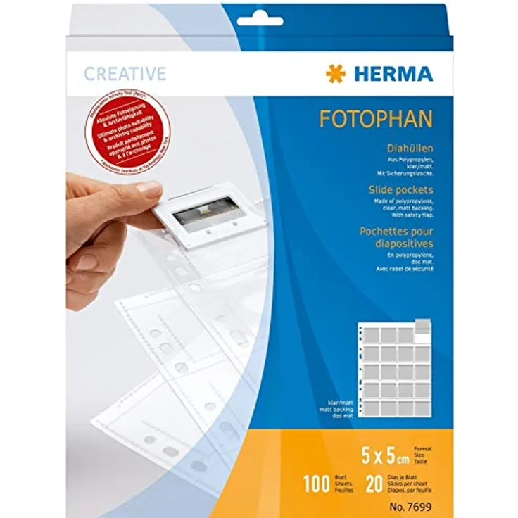 HERMA 7699 Diahüllen für gerahmte Dias, 100 Stück, 5x5 cm, 20 Fächer geteilt, klar/matt, beidseitig sichtbar, Fotophan Fotosichthüllen Sammelhüllen mit Eurolochung zur Dia-Archivierung, transparent