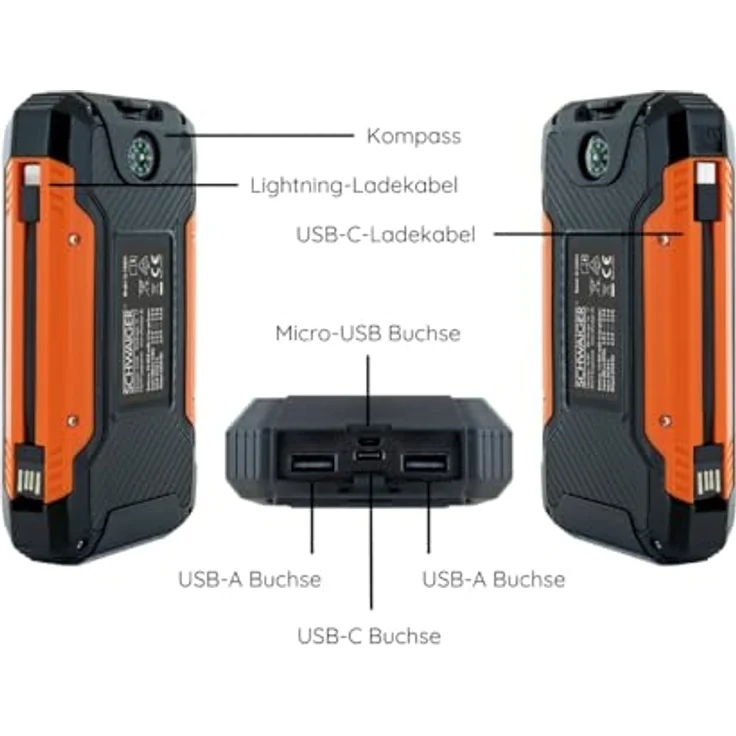 SCHWAIGER SL1000 Solar Powerbank 10.000 mAh Solar-Taschenlampe Solar-Ladegerät Ladestandanzeige Kompass USB-C USB-A Micro-B Camping Flugreise Survival – Bild 2