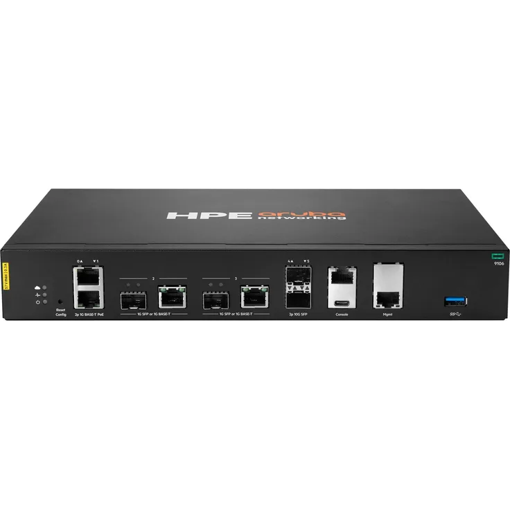 Aruba HPE Networking 9106 RW, Hybrid Gateway Router mit 2x SFP+ und 2x PoE, bis zu 1.000 IPSec-Tunnel, EU