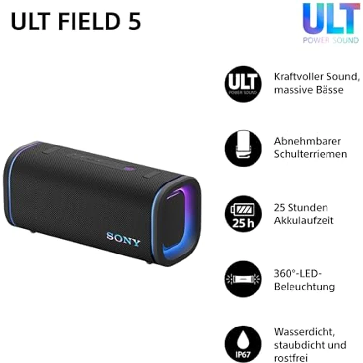 Sony ULT Field 5, tragbarer Bluetooth-Lautsprecher mit 25-Stunden-Akku, IP67 wasserdicht, 2x ULT Power Sound Modi, 360° Lichter, abnehmbarer Schulterriemen - Schwarz – Bild 2