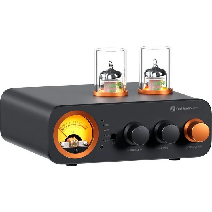 Fosi Audio MC331 Vollverstärker, hybrider Röhrenverstärker mit DAC und Bluetooth, kompakt mit VU-Meter und Fernbedienung