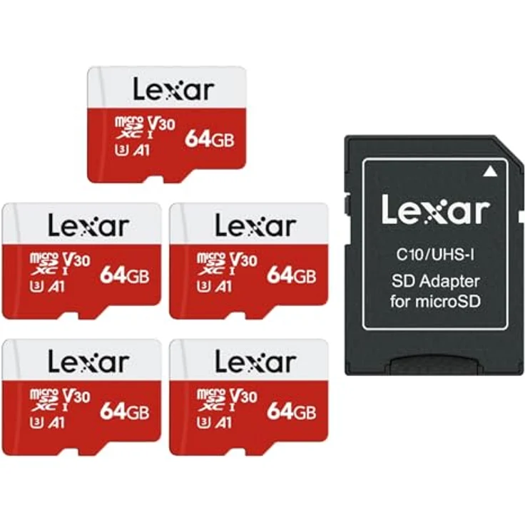 Lexar Micro SD Karte 64 GB, 5er Set, UHS-I bis zu 100 MB/s, A1, U3, C10, V30, für Full HD & 4K UHD, inkl. SD-Adapter – Bild 1