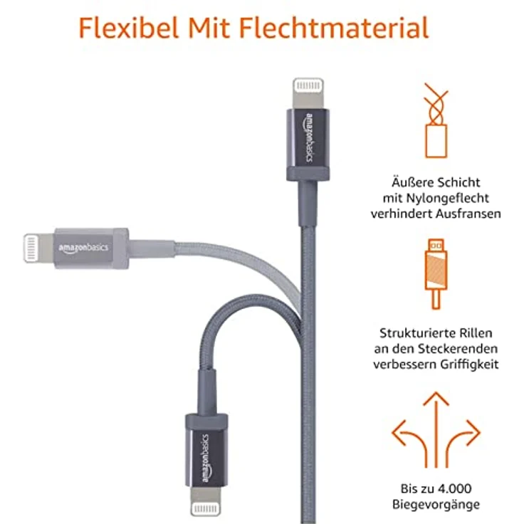 AmazonBasics - USB-C-auf-Lightning-Kabel, geflochtenes Nylon, MFi-zertifiziertes Ladekabel für iPhone 11-11 Pro-11 Pro Max-X-XS-XR-XS Max-8-8 Plus, Dunkelgrau, 1,82 m – Bild 2