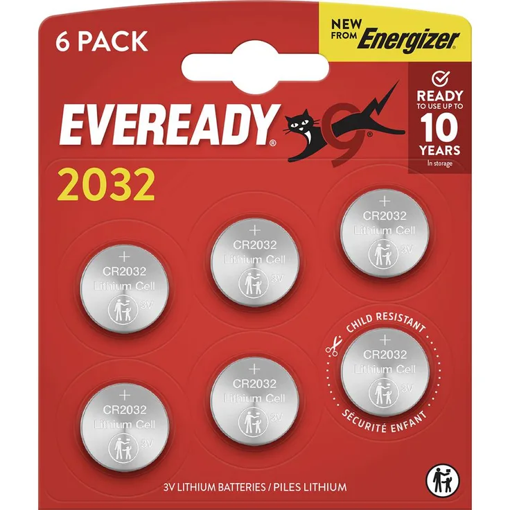 Eveready Knopfzelle CR2032, 3V, 6 St. Packung, langlebige Spezialbatterie für Alltagsgeräte