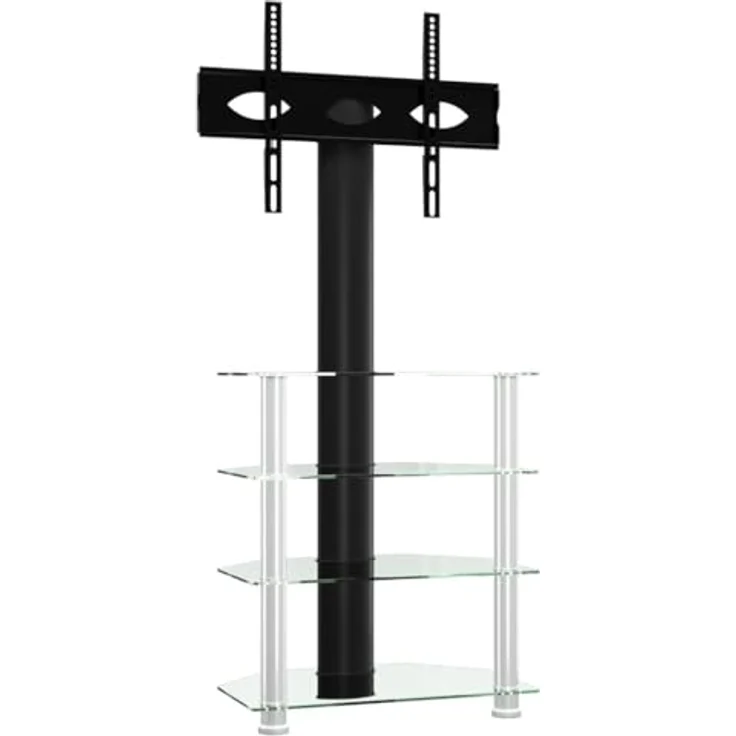 vidaXL TV Eckregal, TV Schrank mit 4 Ablagen, ±25° Schwenkbar TV Ständer Regal für 32-70 Zoll, TV Konsole Fernsehtisch Eckschrank, Schwarz Silbern – Bild 1