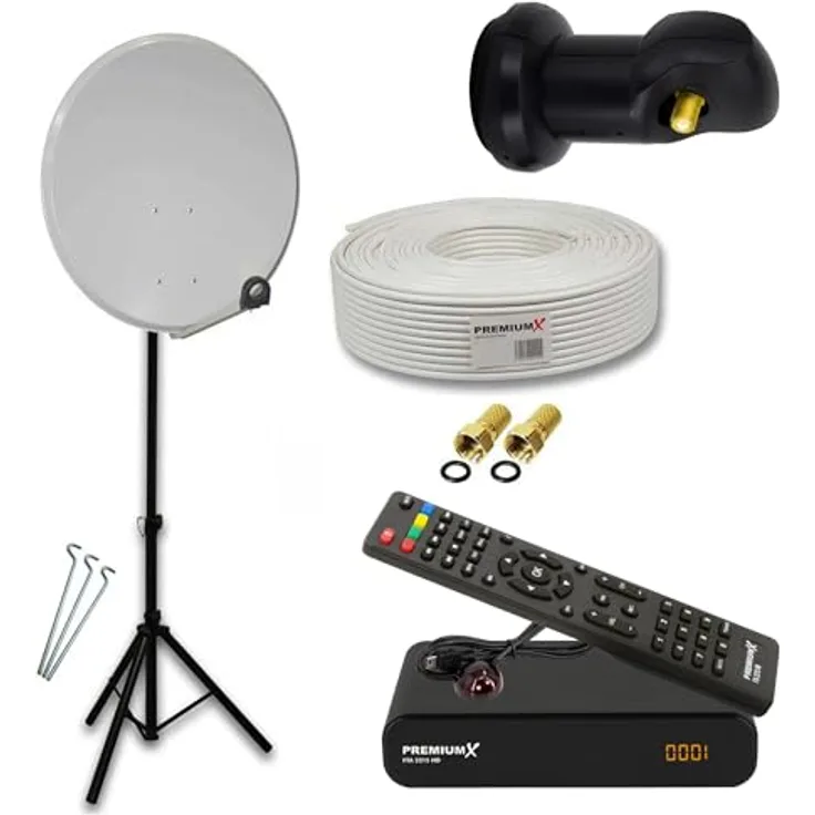 PremiumX Camping Komplett Sat Anlage, 45cm Satelliten-Schüssel in Hellgrau mit Single LNB, 10m Koaxialkabel, Dreibein Stativ und HDTV Receiver