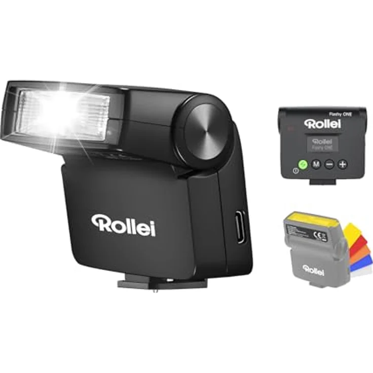 Rollei Flashy ONE Mini Blitzgerät GN 16, LCD Display, universell kompatibel mit Canon, Nikon, Sony, Fujifilm, Lumix, Olympus, wiederaufladbarer 1250 mAh Akku – Bild 1