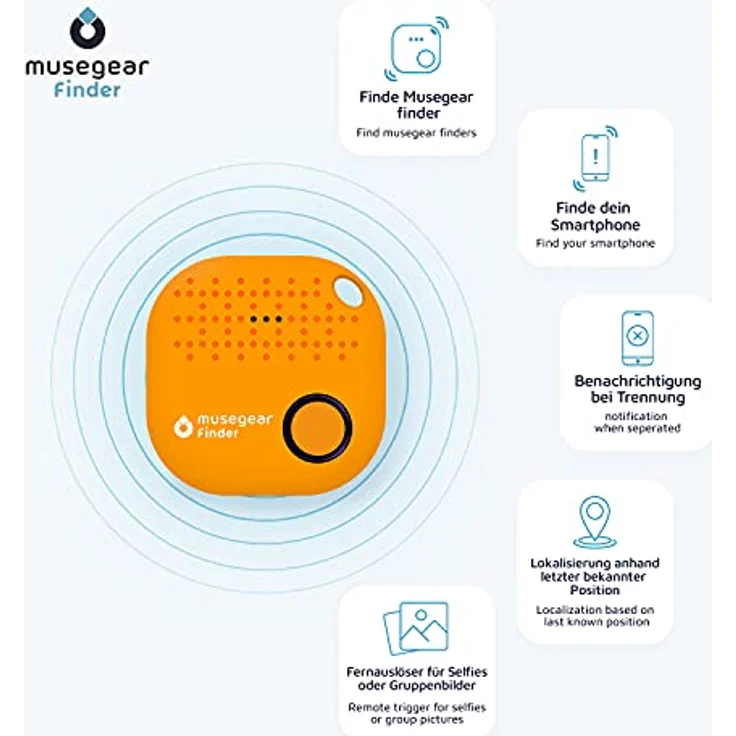 musegear Schlüsselfinder mit Bluetooth App aus Deutschland I Maximaler Datenschutz I Orange 1er Pack – Bild 3