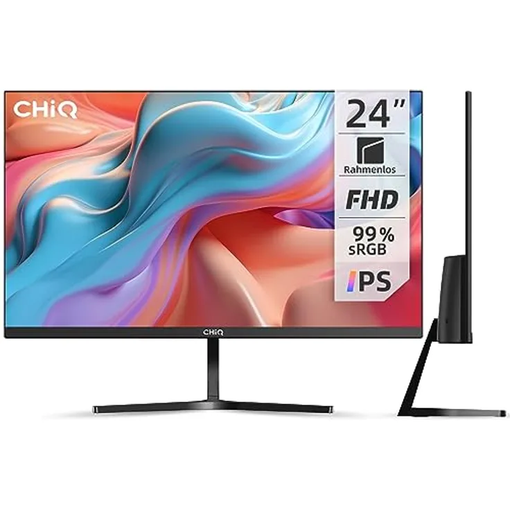 CHIQ 24 Zoll Monitor, Full HD, Ultra Slim, 3-seitig Rahmenlos, IPS, 99% sRGB, AMD FreeSync, 75Hz, VA, VESA montierbar, Quick Release