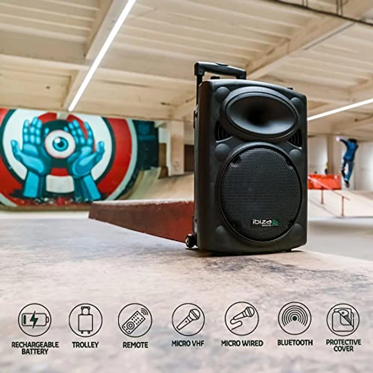 Ibiza Port8VHF-N DJ PA Karaoke Anlage mobile PA-Box Lautsprecherbox (Akku-Betrieb, Trolley, Mp3-fähige USB-SD-Slots, 400W, Fernbedienung, 2x Mikrofon) schwarz – Bild 3