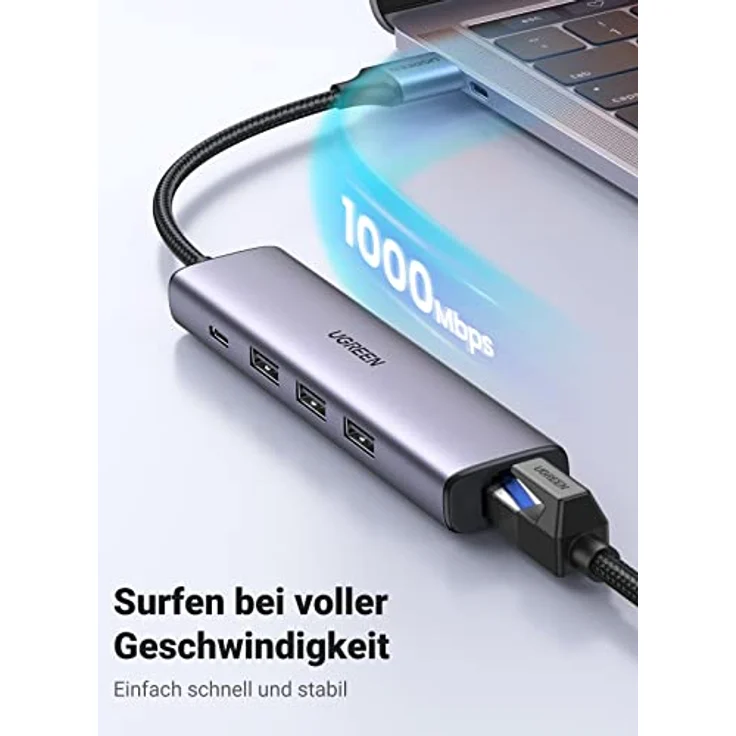 UGREEN CM475 Multifunction HUB, USB 3.0 mit 3 x USB 3.0 Ports, 1x Ethernet RJ-45, USB-C PD, Aluminiumlegierung, grau – Bild 3