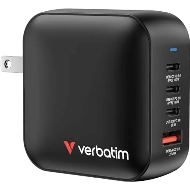 Verbatim Mini GaN Ladegerät (100 W), USB Ladegerät mit 3x USB-C und 1x USB-A Anschluss, schwarz – Bild 1