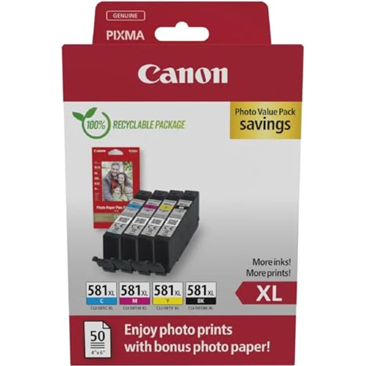 Canon CLI-581XL BK/C/M/Y Tinte mit hoher Reichweite, Multipack mit Fotopapier für beeindruckende Druckqualität – Bild 1