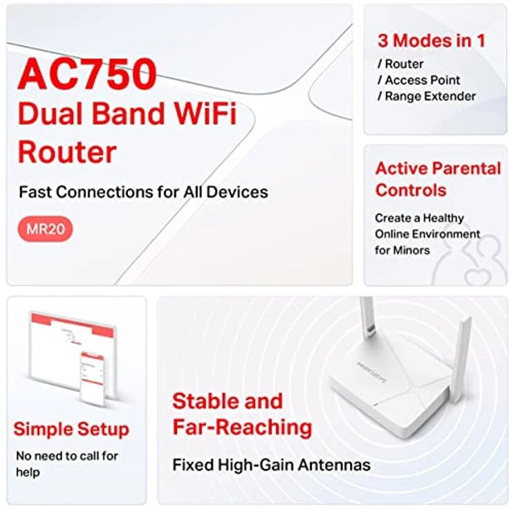 TP-Link Mercusys MR20 AC750, Dual Band Wifi Router mit 2x Antennen, 750 Mbps, RJ45 Anschluss, Kindersicherung – Bild 4
