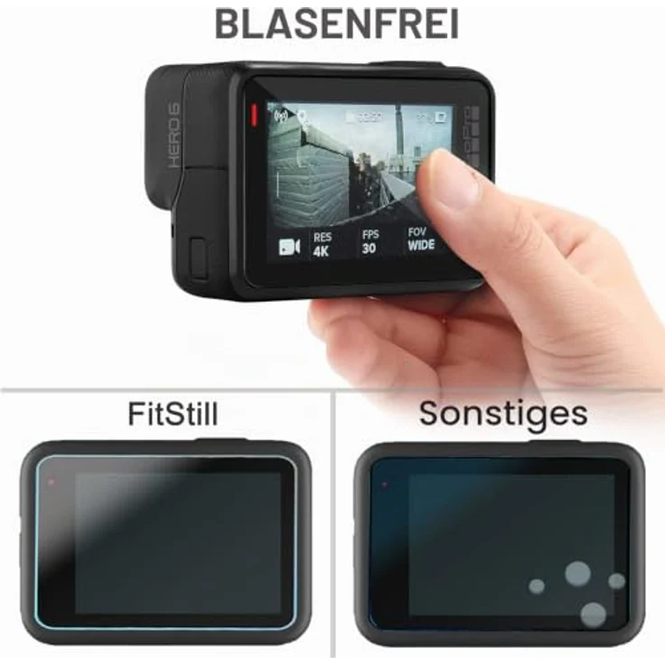 FiTSTILL Displayschutz-Set für GoPro Hero 7/HD (2018)/Hero 6/5 Black, 6er Pack gehärtetes Glas, 9H Härte, hohe Lichtdurchlässigkeit, inkl. Objektivschutz und Deckel – Bild 4