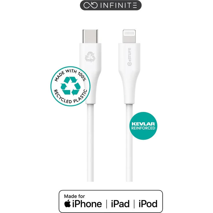 eSTUFF INFINITE USB-C auf Lightning MFI Kabel, 1m, Weiß, aus recyceltem Kunststoff, ultraweich, USB 2.0, 480 Mbit/s