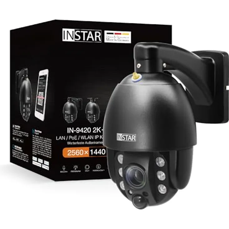 INSTAR IN-9420 2K+ schwarz, Überwachungskamera mit KI (AI) - IP Kamera - PIR - Steuerbar PTZ - Innen- und Außenbereich - Audio - HomeKit - MQTT