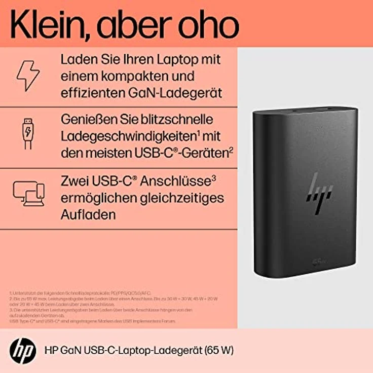 HP 65 W GaN USB-C-Laptop-Ladegerät | 2 x USB-C Anschlüsse | 75 x 53 x 22 mm (B x T x H) | 110 g | Galliumnitrid (GaN) | 65 W | Schwarz – Bild 4