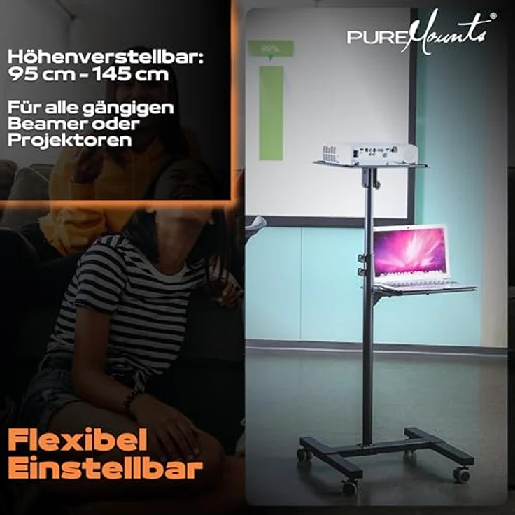 PureMounts PM-PCART-10 - Neigbarer Projektionswagen - Projektionstisch für Beamer und Projektor, flexibel einstellbar (950mm bis 1450mm), feststellbare Rollen, Tragkraft 10kg, Farbe schwarz – Bild 4