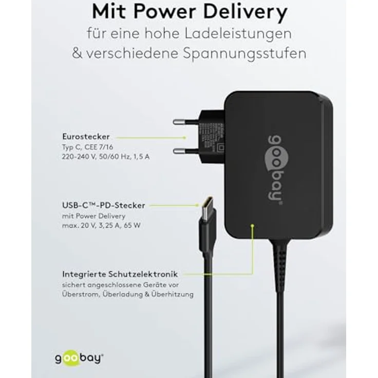 Goobay USB-C-Ladegerät für Laptops 65 W, kompaktes Notebook Netzteil mit Power Delivery 2.0, Schwarz – Bild 4