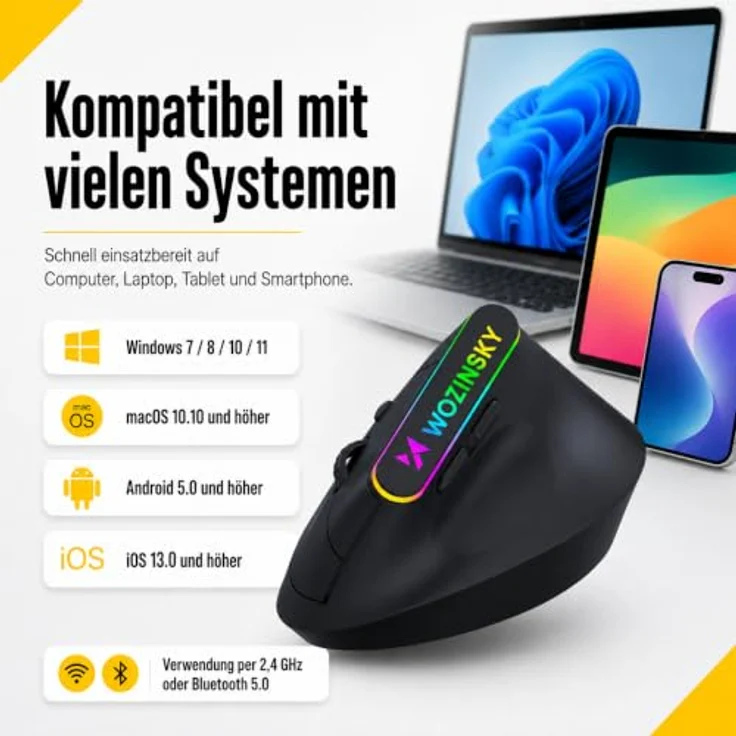 Wozinsky WMG-1164 Gaming-Maus, kabellos mit 2,4 GHz & Bluetooth 5.0, ergonomisches 57° Vertikaldesign, 3600 DPI, RGB-Beleuchtung, schwarz – Bild 9