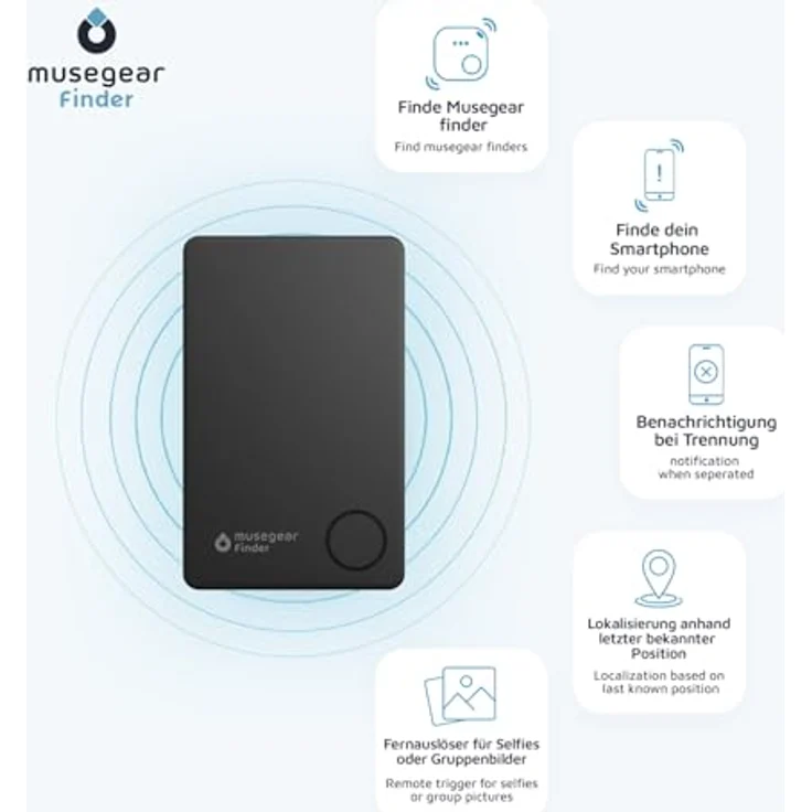 Musegear Schlüsselfinder Flat Finder, Bluetooth Keyfinder laut für Handy, schwarz, für iOS & Android, mit Datenschutz-Fokus und Reichweite bis 50 m – Bild 3