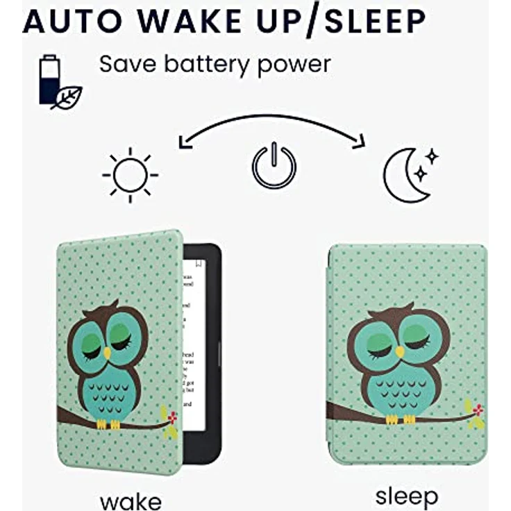 kwmobile Klapphülle kompatibel mit Kobo Clara 2E / Tolino Shine 4 Hülle - eReader Case - Eule Schlaf Türkis Braun Mintgrün – Bild 3