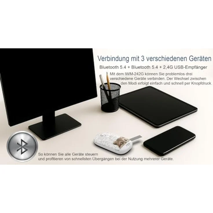 İnca IWM-242K, Kabellose Funkmaus mit Katzendesign, Bluetooth 5.4 und 2.4G, 800/1200/1600 DPI, ergonomisch und leise für Laptop, Mac, PC – Bild 4