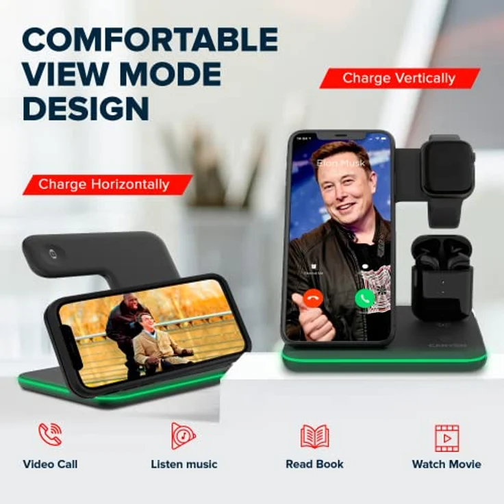 CANYON 3 in 1 Ladestation iPhone Airpods Kompatibel mit AirPods, iPhone Wireless Charger für Qi Geräte Adapter 18W (Schwarz - Mit Ladeanschluss für Airpods) – Bild 5