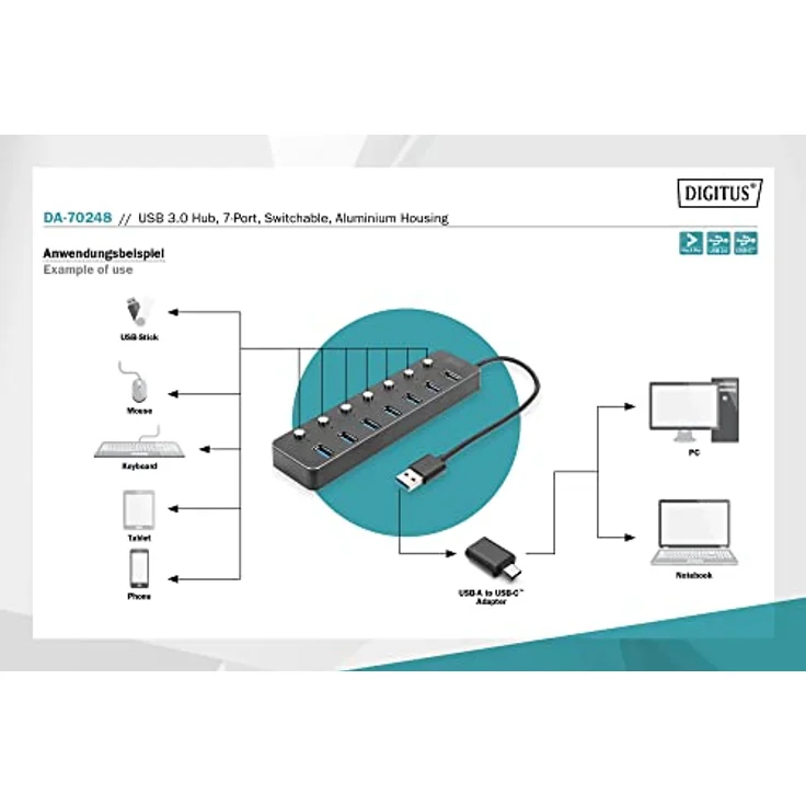 DIGITUS 7 Port USB 3.0 Hub - bis zu 5 Gbps - Ports einzeln schaltbar - inkl. USB-A auf USB-C-Adapter - Plug & Play - Aluminium Gehäuse - mit Netzteil - dunkelgrau – Bild 3