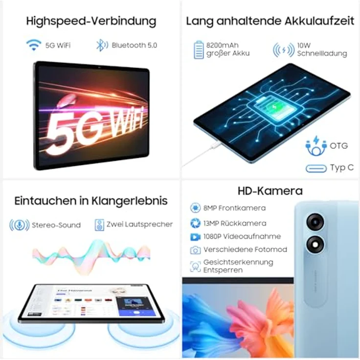 Blackview Tab9 WiFi Android 14 Tablet 11 Zoll FHD+ Großes Display, 18GB+256GB(2TB) Octa-Core T606 Widevine L1 Gaming Tablet 13MP+5MP, 8200mAh Akku mit 2.4G/5G WiFi, GMS, Face ID, Gehäuse, Schutzfolie, Blau – Bild 3