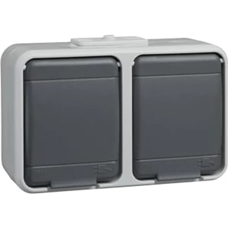 Schneider Electric Elso Schuko-Steckdose, 2-fach, IP44, klappbar, waagerecht, Aufputz, licht/basaltgrau, Artikelnummer 445409