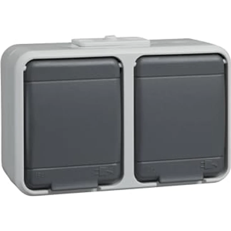Schneider Electric Elso Schuko-Steckdose, 2-fach, IP44, klappbar, waagerecht, Aufputz, licht/basaltgrau, Artikelnummer 445409 – Bild 1