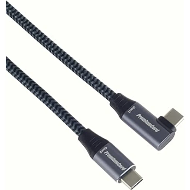 PremiumCord USB-C 3.2 Gen 2x2 Verbindungskabel mit gebogenem Stecker, Datenkabel SuperSpeed bis zu 20Gbit/s, Ladenkabel bis zu 5A, USB 3.2 Generation 2x2 Typ C Stecker, Farbe Schwarz/Grau, Länge 1m – Bild 2