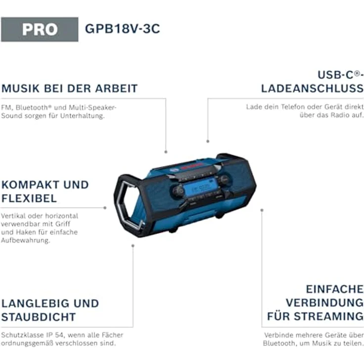 NoName GPB18V-3C (solo Carton), FM-Bluetooth Radio mit USB-C Ladefunktion und IP54 Schutz, kompatibel mit Bosch 18V System – Bild 2