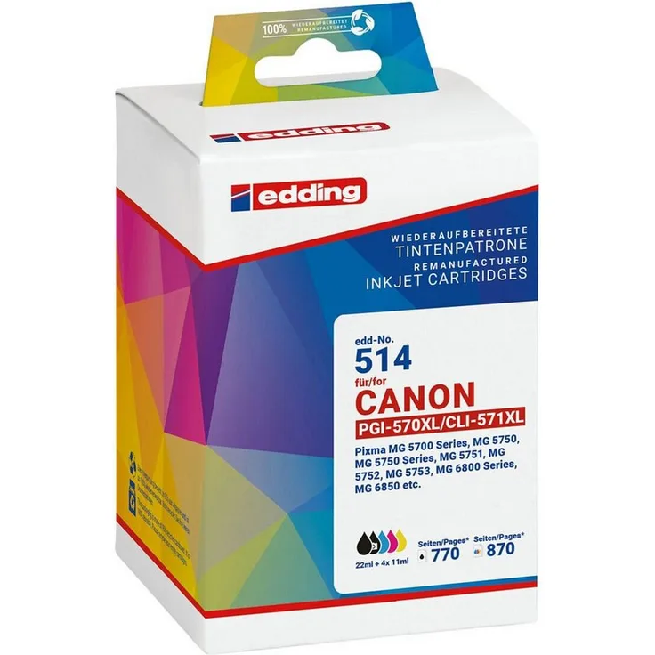 edding Tintenpatrone Set für Canon PGI-570XL / CLI-571XL, 5-tlg. in Schwarz, Cyan, Magenta und Gelb, hohe Seitenkapazität