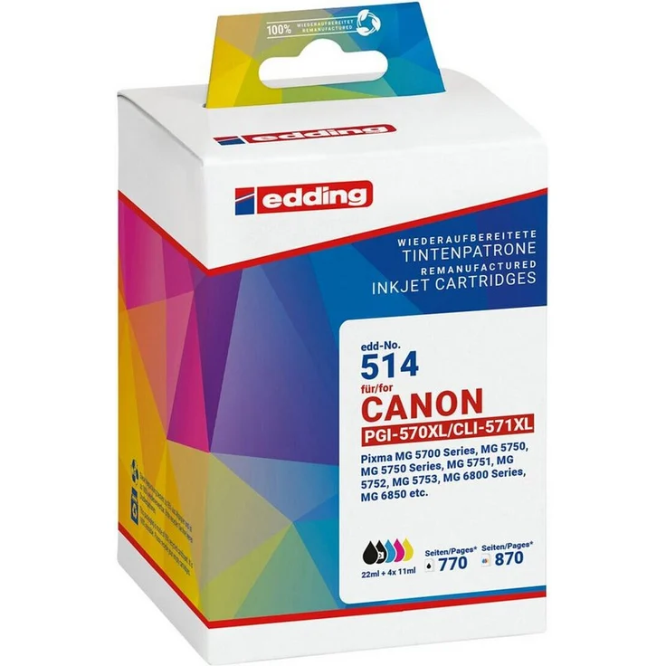 edding Tintenpatrone Set für Canon PGI-570XL / CLI-571XL, 5-tlg. in Schwarz, Cyan, Magenta und Gelb, hohe Seitenkapazität